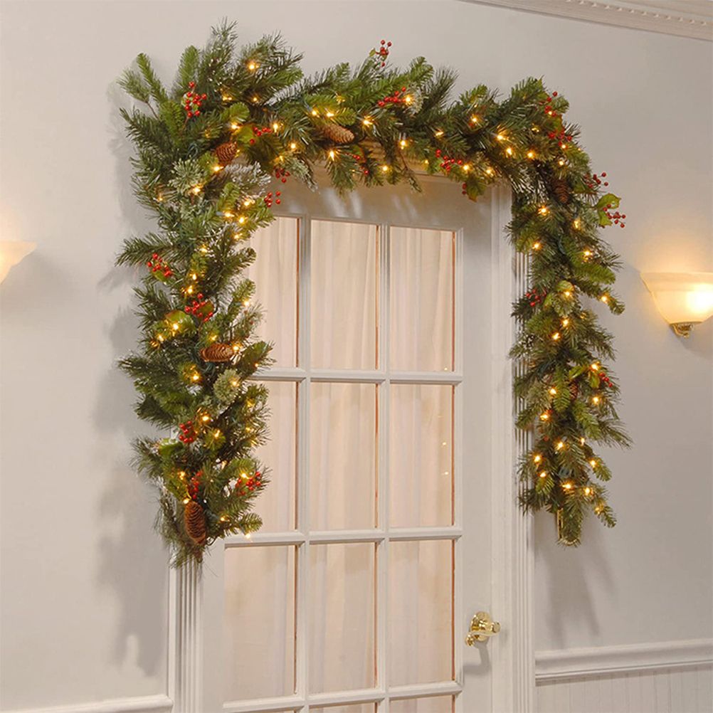 2.7m Christmas Rattan Garland with 50 Led Lights Artificial Christmas Garland Decorations for Xmas Tree Fireplaces Stairs Door Garden Yard