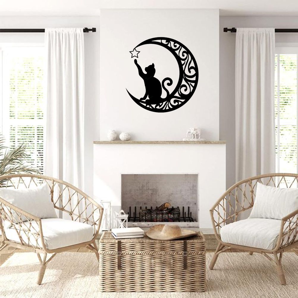 Cute Black Cats Moon Metal Sign Arts Wall Hanging Pendant Decorations for Windows Doors Mantelpieces