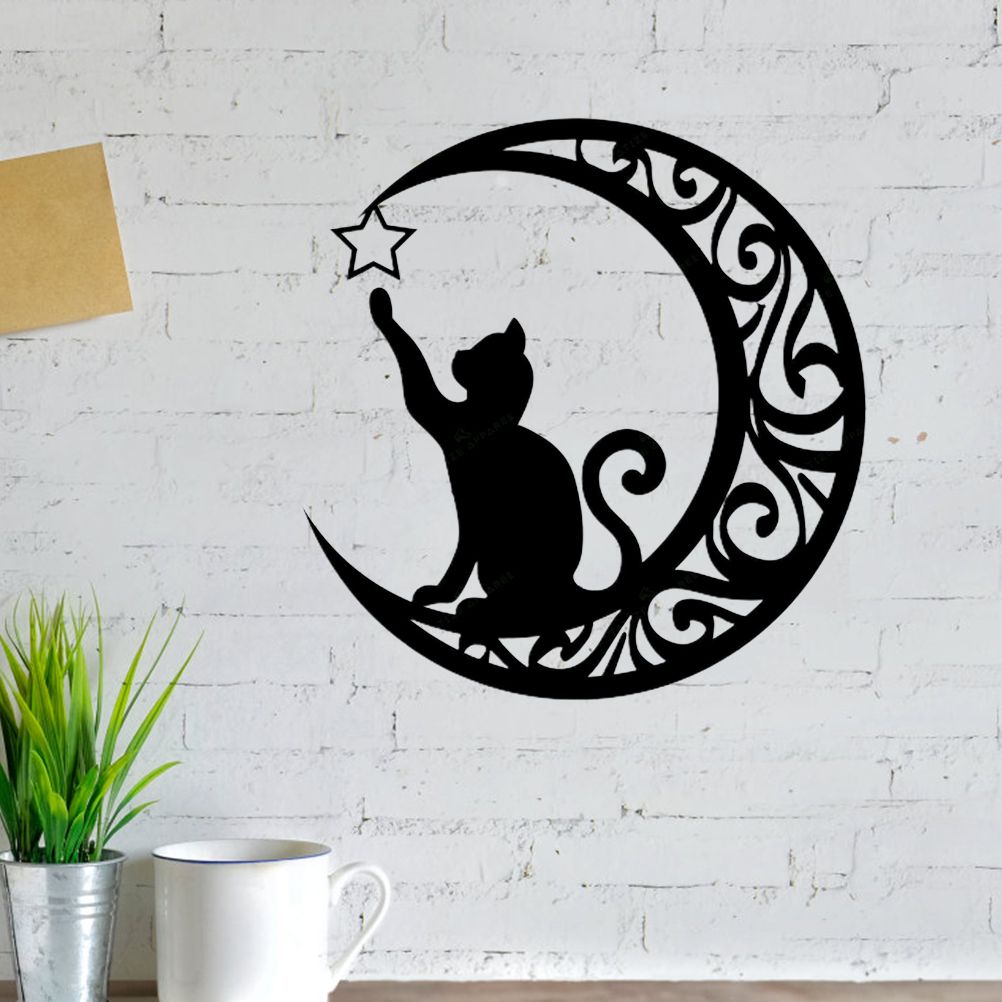 Cute Black Cats Moon Metal Sign Arts Wall Hanging Pendant Decorations for Windows Doors Mantelpieces