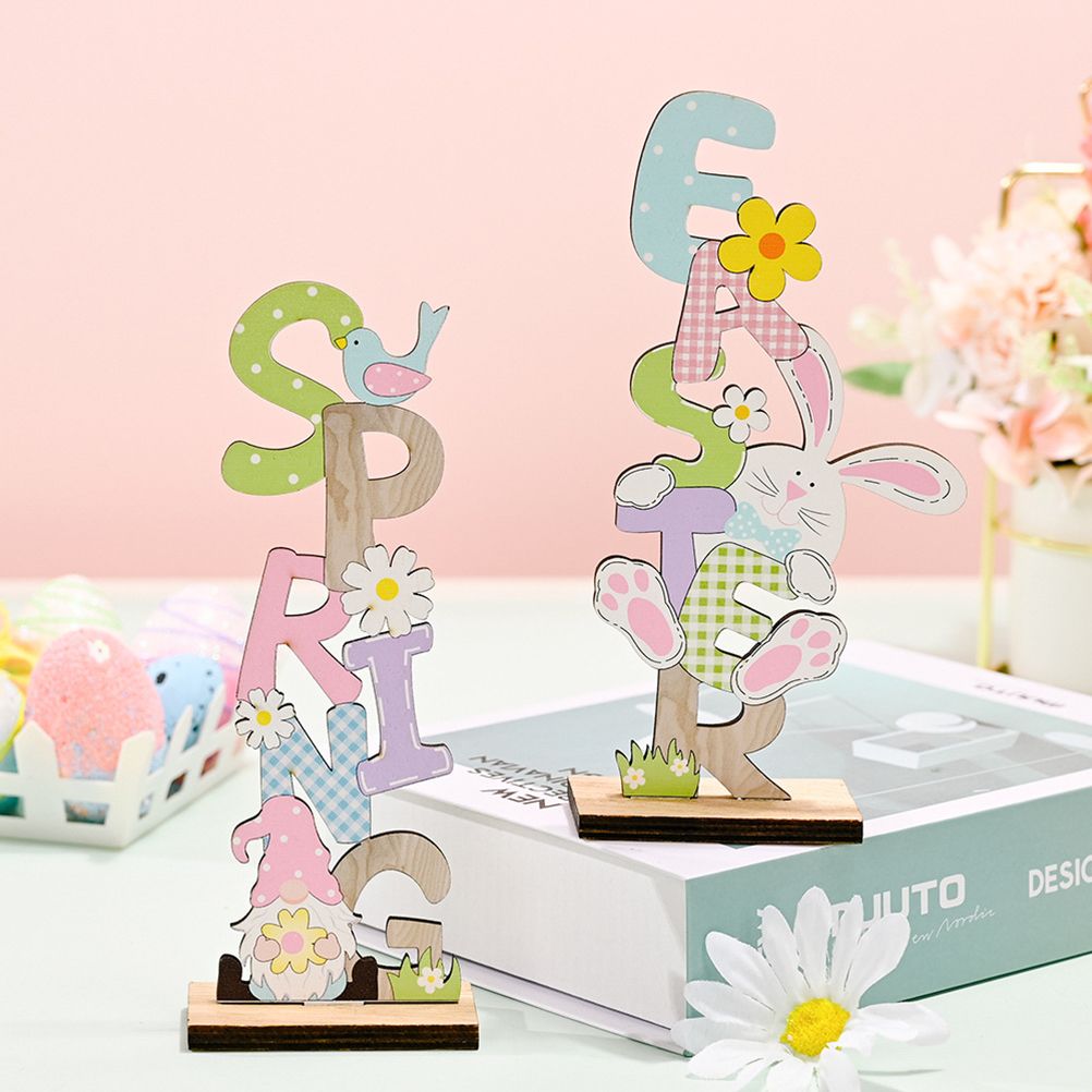 2 Pcs Easter Decorations Wooden Bunny Letter Printing Crafts Ornament Easter Decor for Home Table Party Arrangement Kids Gift