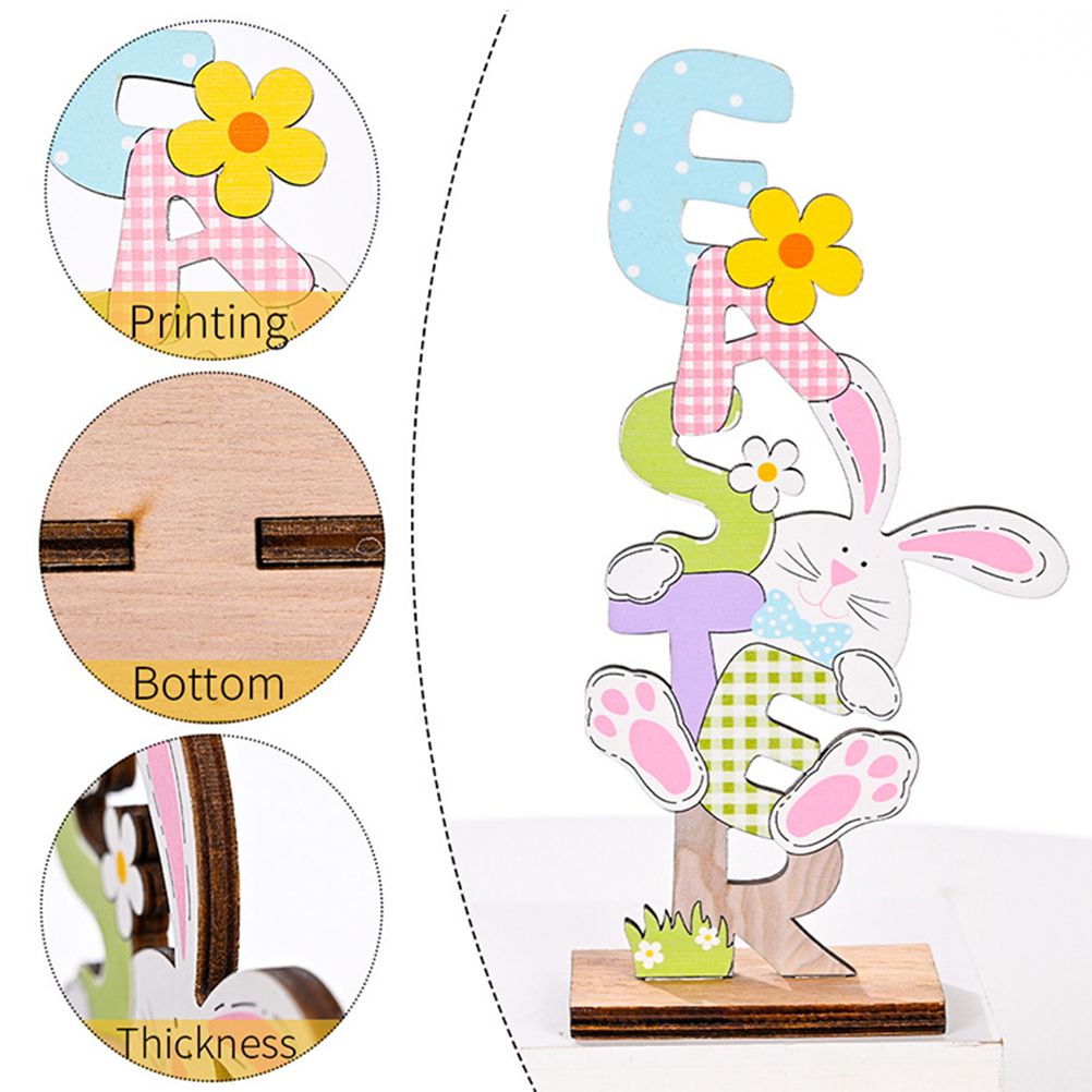 2 Pcs Easter Decorations Wooden Bunny Letter Printing Crafts Ornament Easter Decor for Home Table Party Arrangement Kids Gift