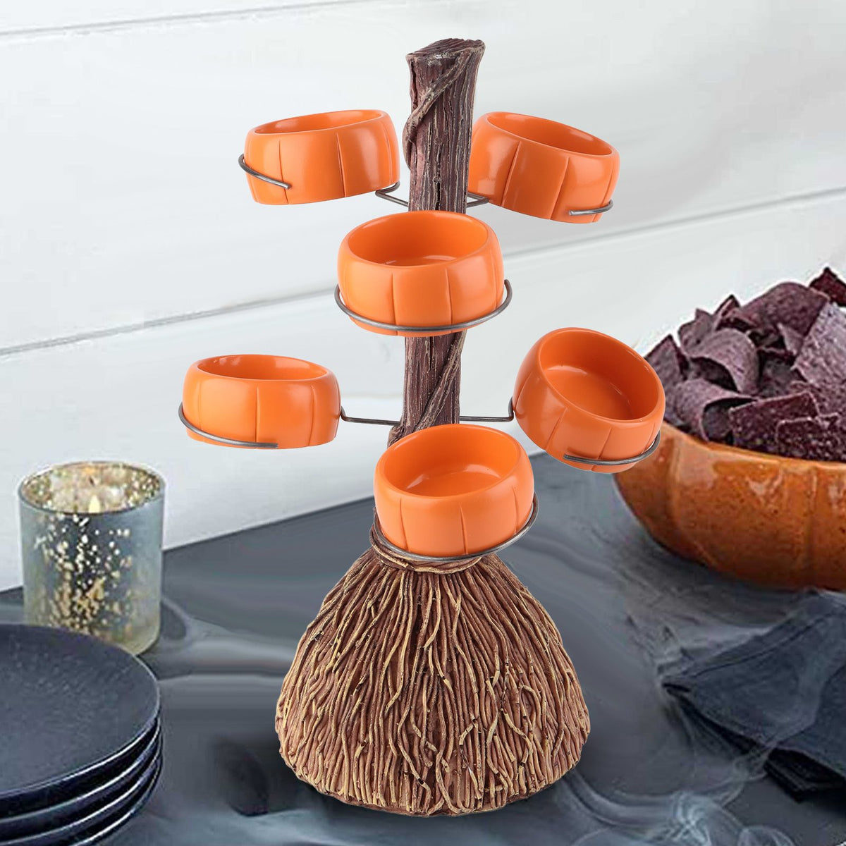 Snack Bowl Holder Halloween Pumpkin Snack Bowl Rack Witch Broom Decor Dessert Bowl Stand for Dining Table