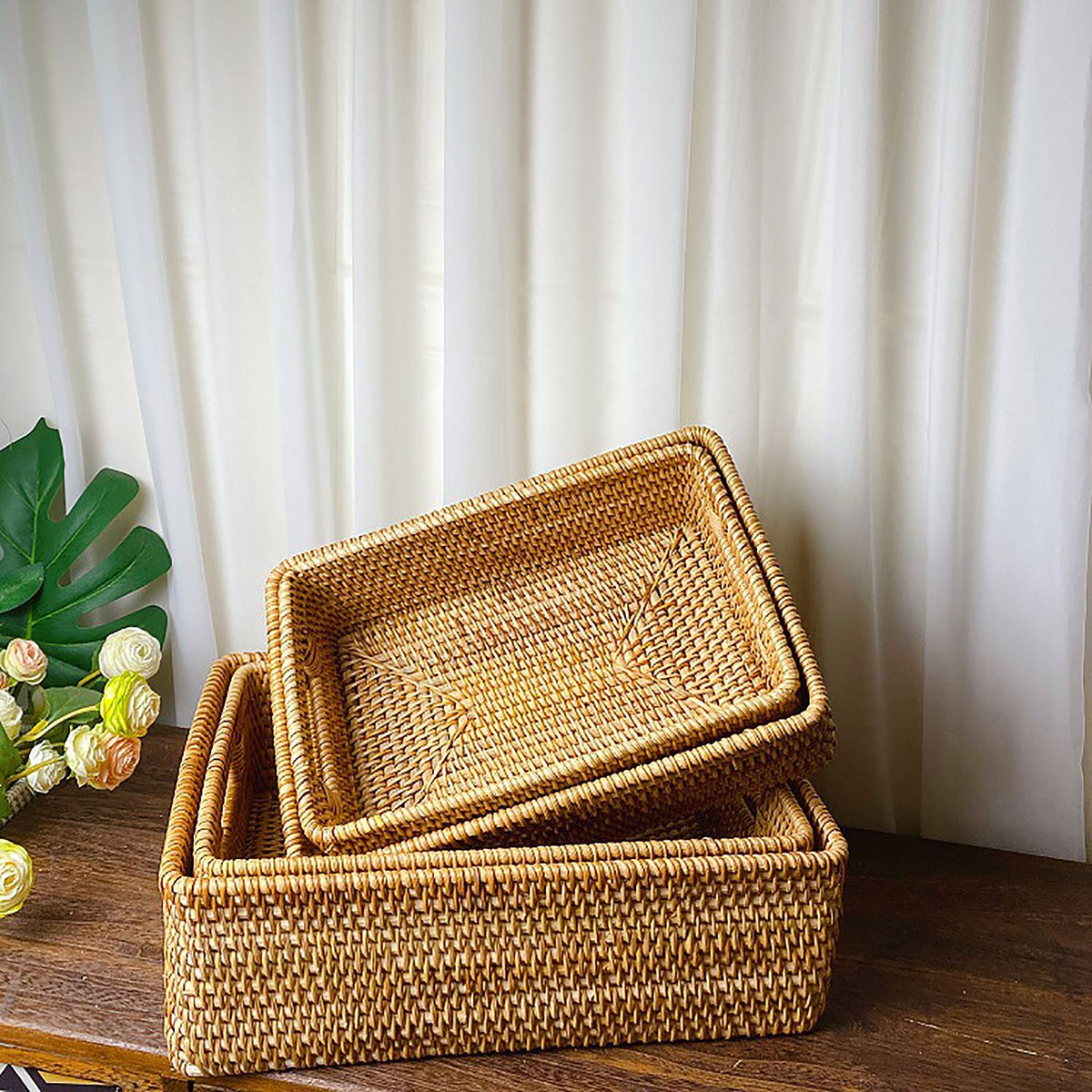 Rattan Storage Basket Desktop Utility Organizer Woven Storage Basket for Coffee Table