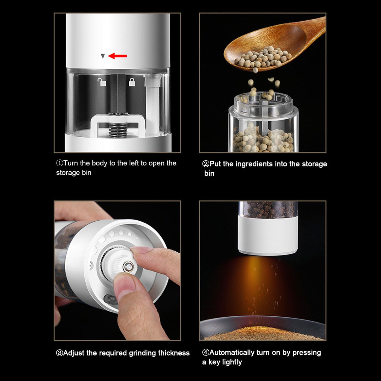 Electric Pepper Grinder Black Usb Charging High Hardness Wear Resistant Automatic Pepper Mill Grinder For Kitchen Restaurant