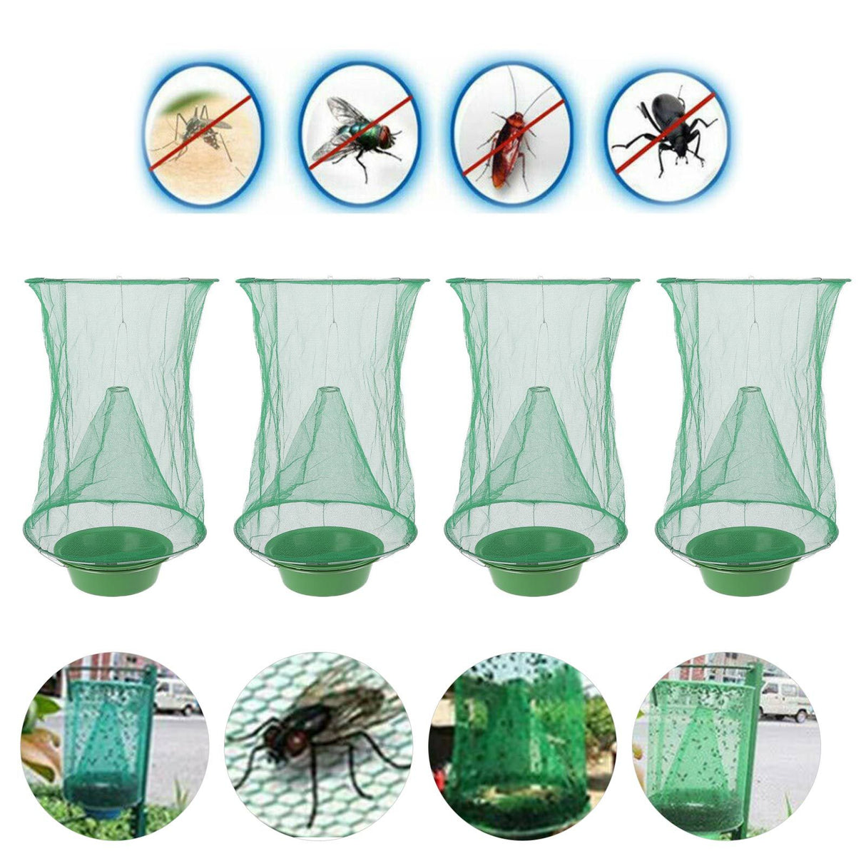 4pcs Outdoor Fly Trap Reusable Hanging Fly Trap Cage Net with Bait Tray for Garden Farm Orchard