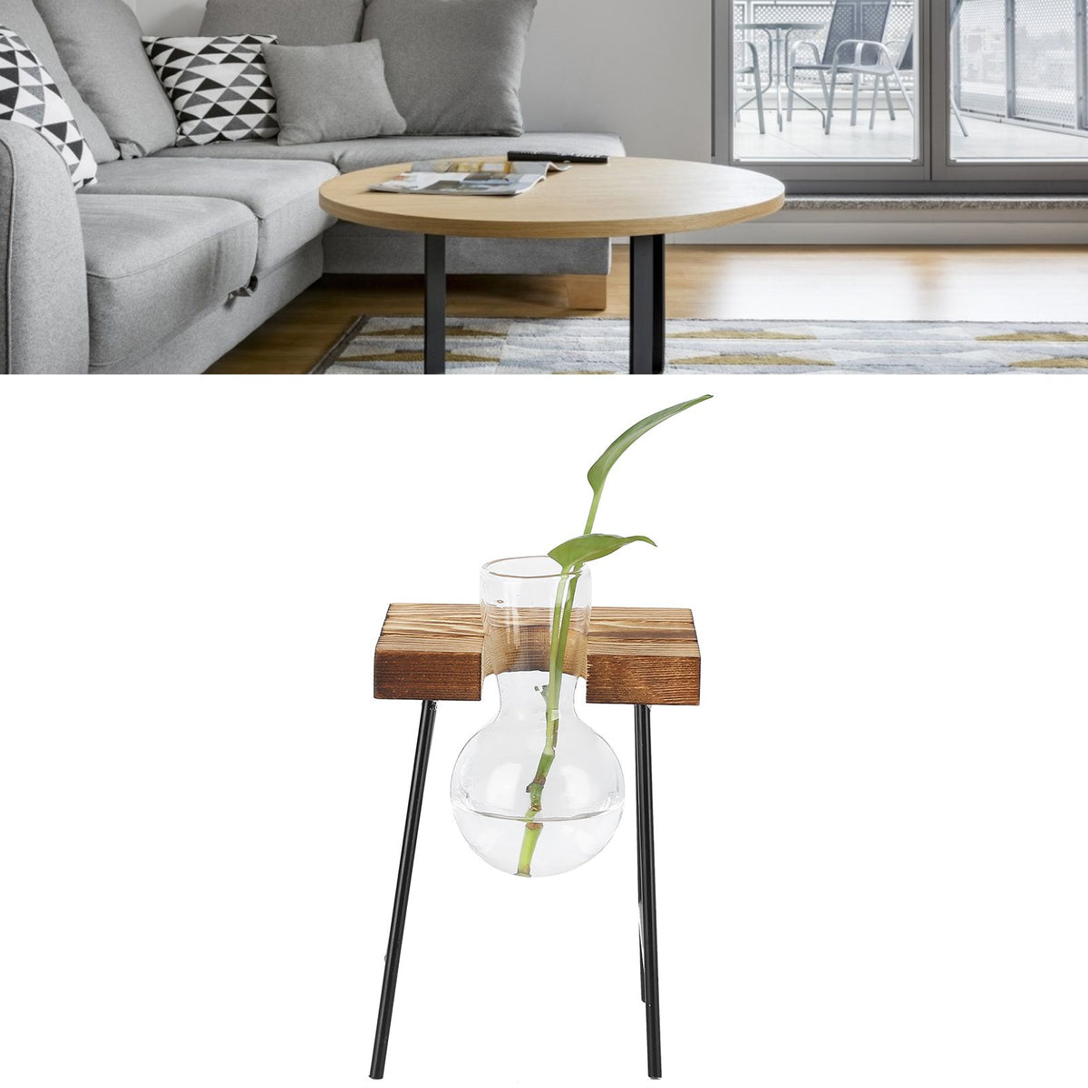Desktop Glass Planter Wooden Stand Bulb Glass Vase Hydroponics Plant Planter for Home Office Garden1 Bottle