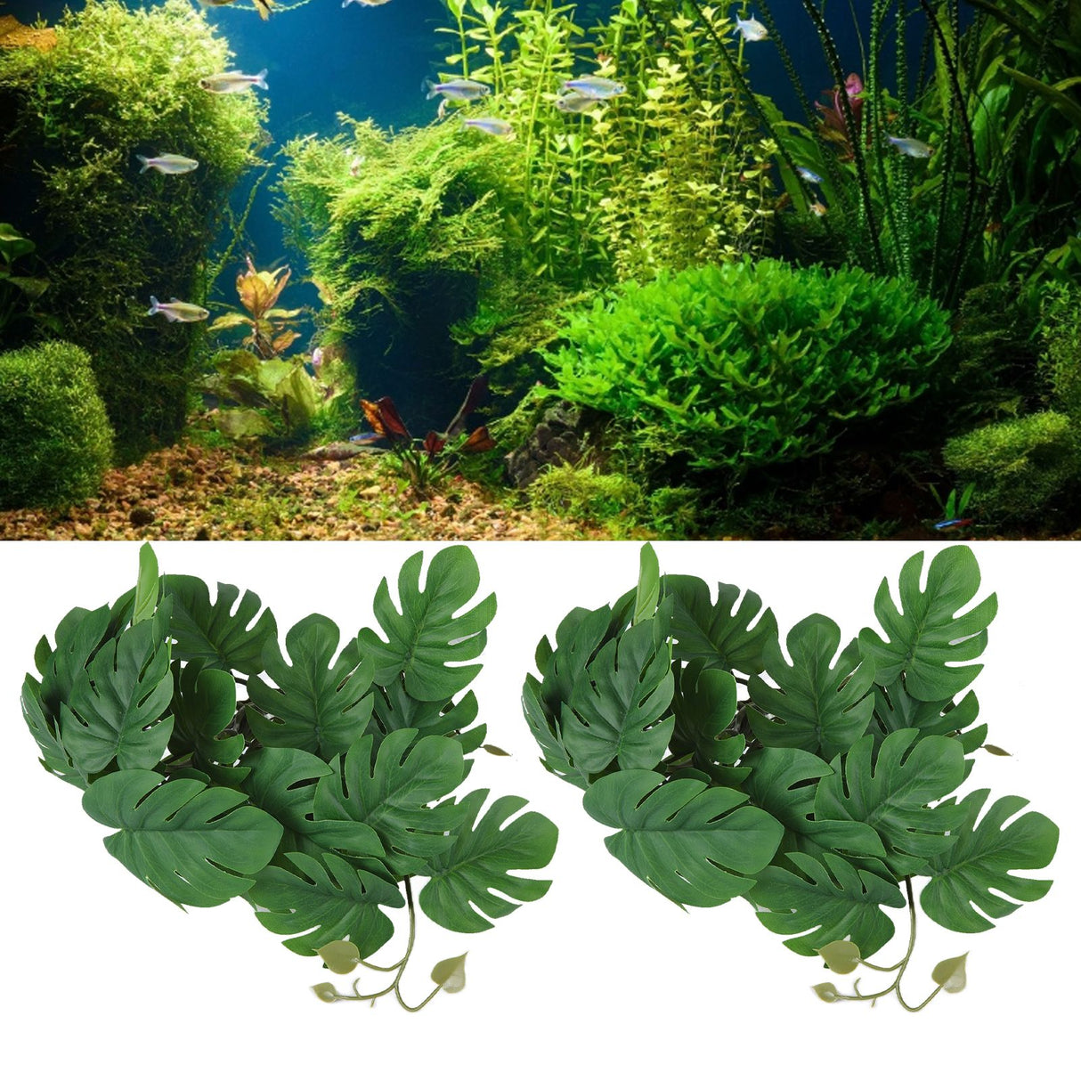 2PCS Artificial Water Plant Simulation Vine Lifelike Plastic Leaves Decoration with Suction Cup for Fish TankMonstera Leaves