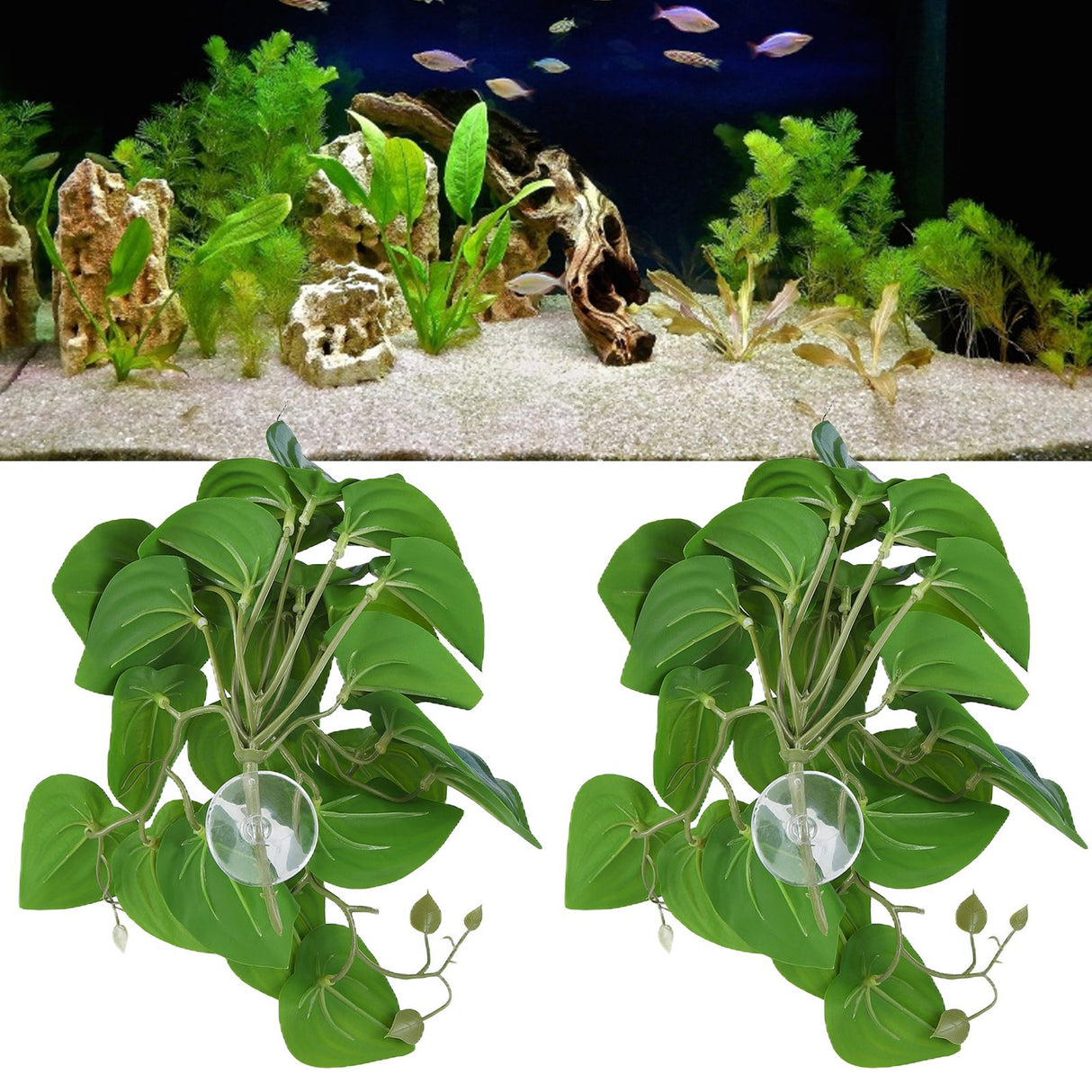 2PCS Artificial Water Plant Simulation Vine Lifelike Plastic Leaves Decoration with Suction Cup for Fish TankWatermelon Leaves