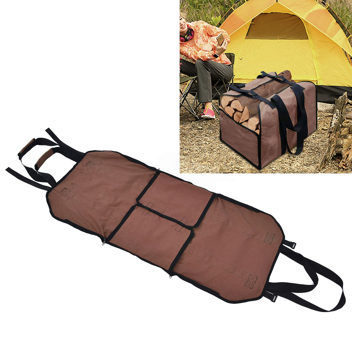 Large Capacity Firewood Storage Bag Basket Oxford Cloth Outdoor Camping Wood Log CarrierBrown