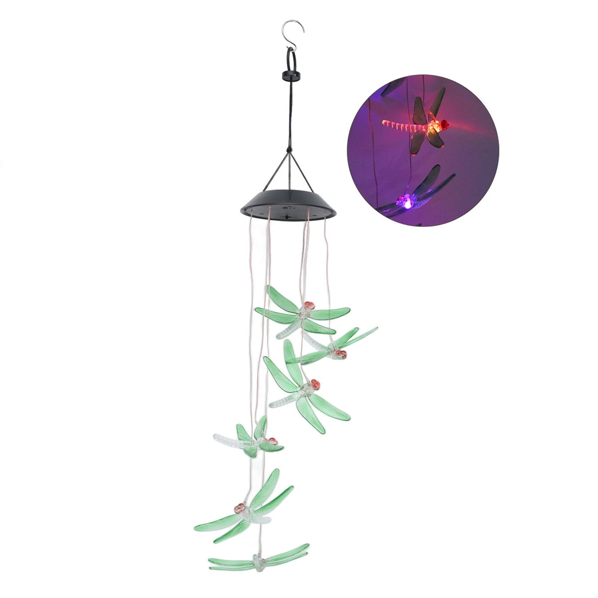Solar Wind Chimes Photosensitive Design Waterproof Automatic Operation Green Dragonfly Shape Color Changing Lights