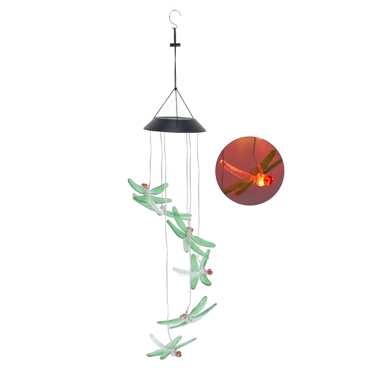 Solar Wind Chimes Photosensitive Design Waterproof Automatic Operation Green Dragonfly Shape Color Changing Lights