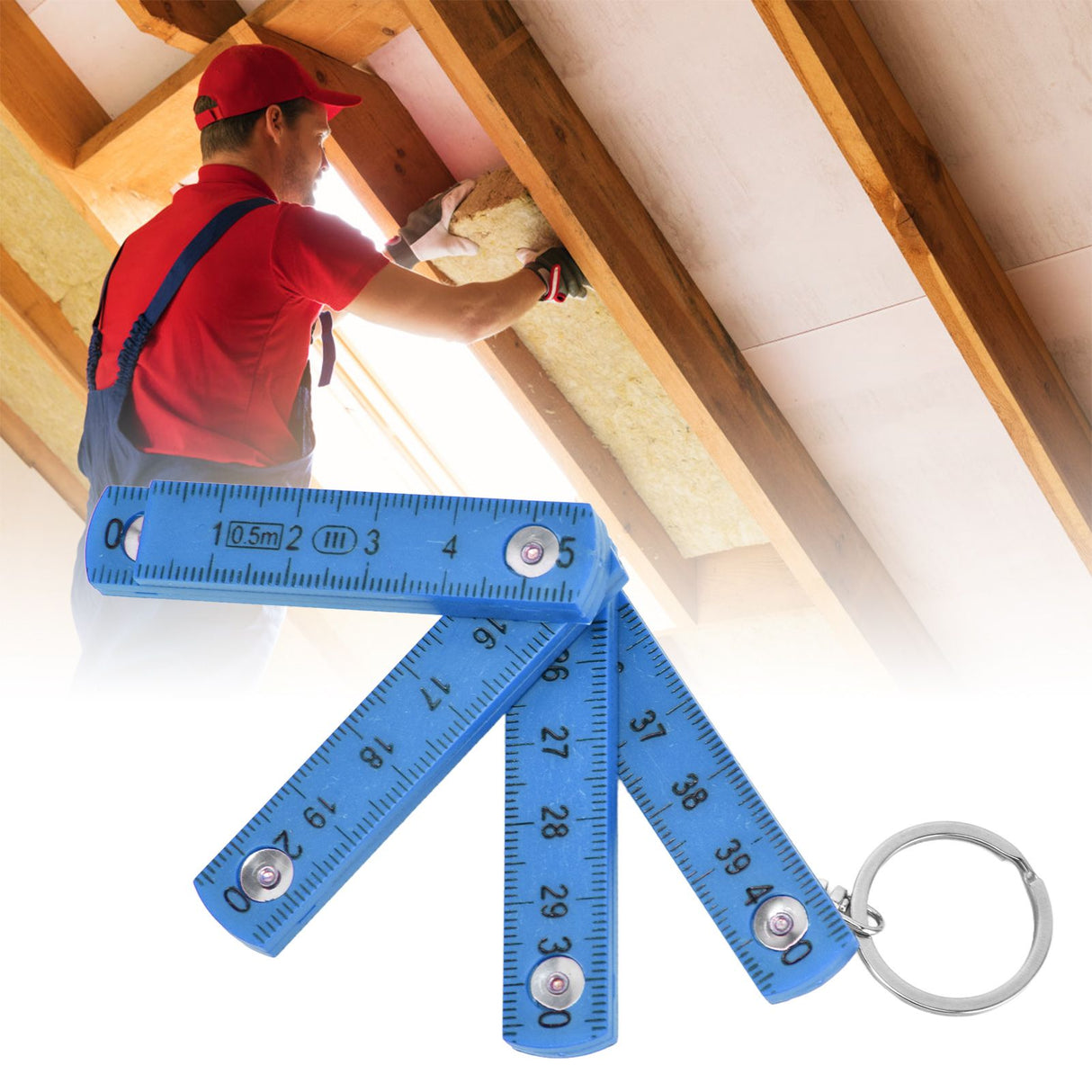 2Pcs ABS Folding Ruler Portable 0.5m Foldable Ruler with Key Ring for Carpentry Laying TilesBlue