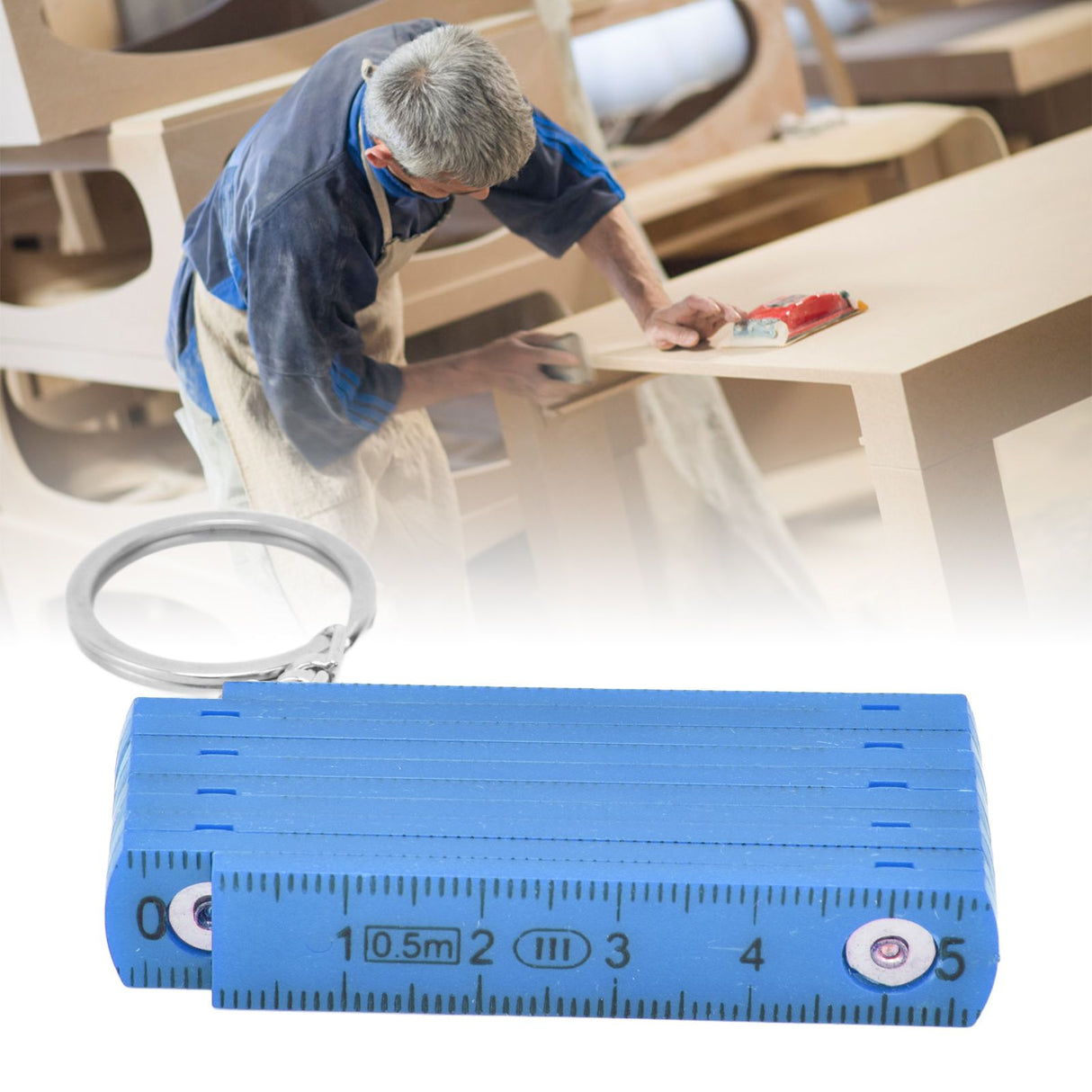 2Pcs ABS Folding Ruler Portable 0.5m Foldable Ruler with Key Ring for Carpentry Laying TilesBlue