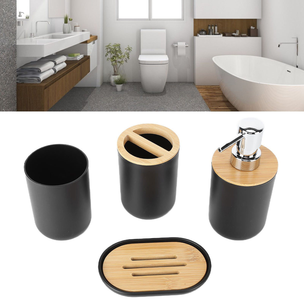 4Pcs Bathroom Accessory Set Bamboo Waterproof Durable Gift Toothbrush Cup for Home HotelBlack
