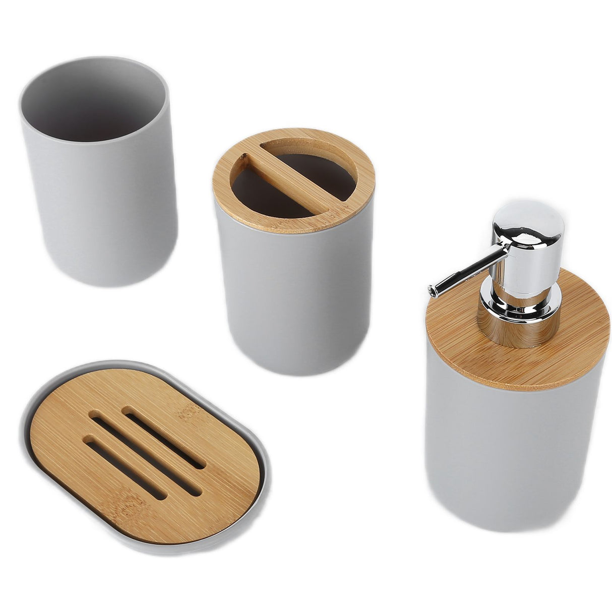 4Pcs Bathroom Accessory Set Bamboo Waterproof Durable Gift Toothbrush Cup for Home HotelGrey
