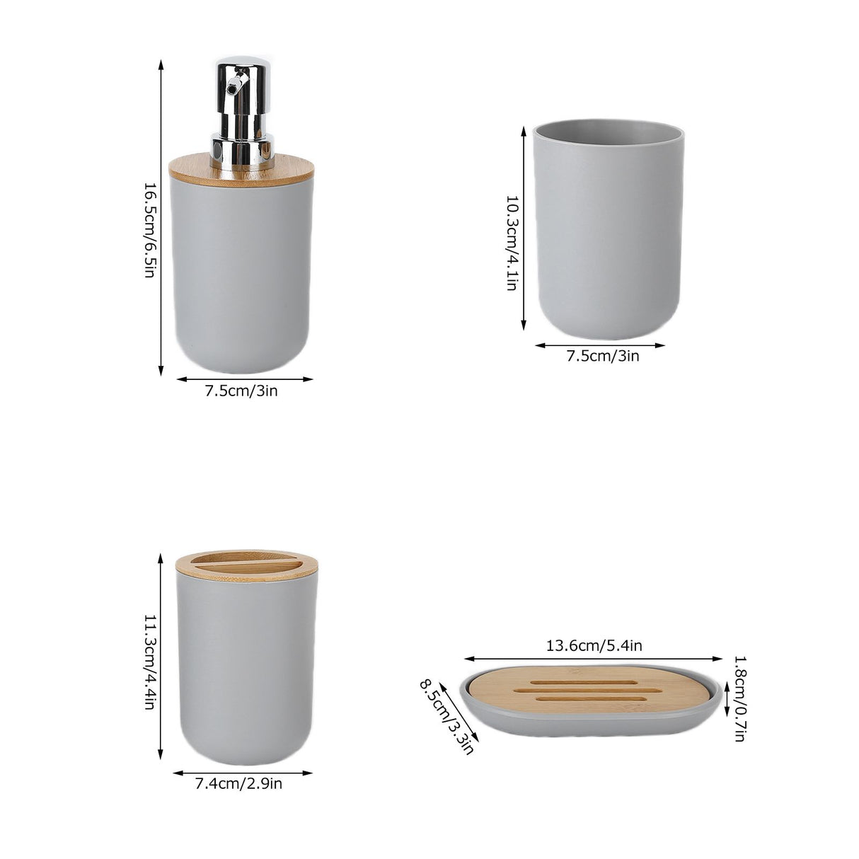 4Pcs Bathroom Accessory Set Bamboo Waterproof Durable Gift Toothbrush Cup for Home HotelGrey