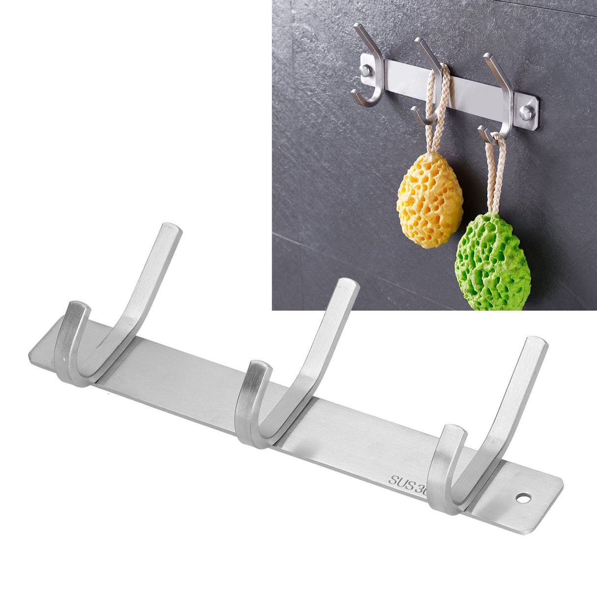 Wall Mounted Kitchen Hanger with 3 Hooks 304 Stainless Steel Punching Cloth Hook for Bathroom