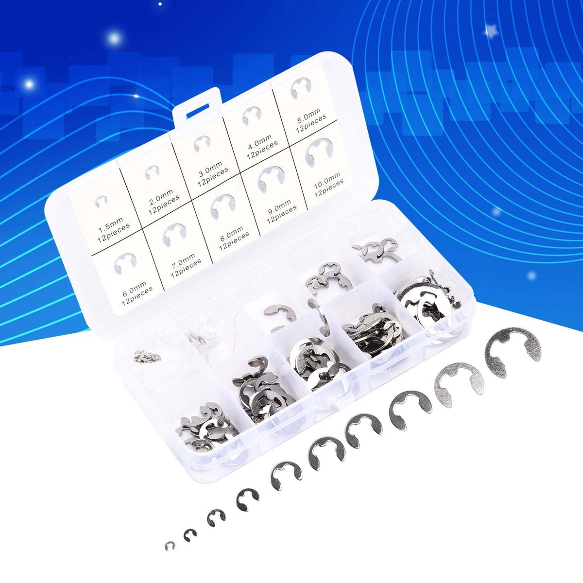 120PCS Snap Rings M1.5‑10 Mini Portable Corrosion Resistant Stainless Steel Snap Rings Kit120PCS