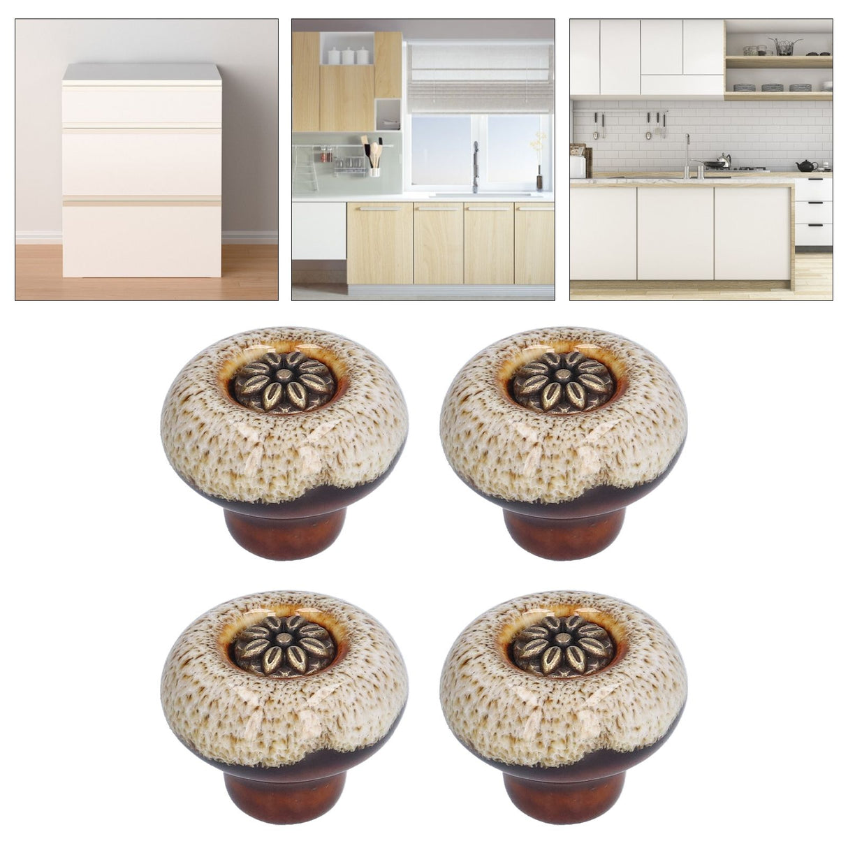 4 Set Cabinet Handle Retro Round Shaped Single Hole Door Knob for Home Bedroom Living RoomGreen Ancient Leopard Print White