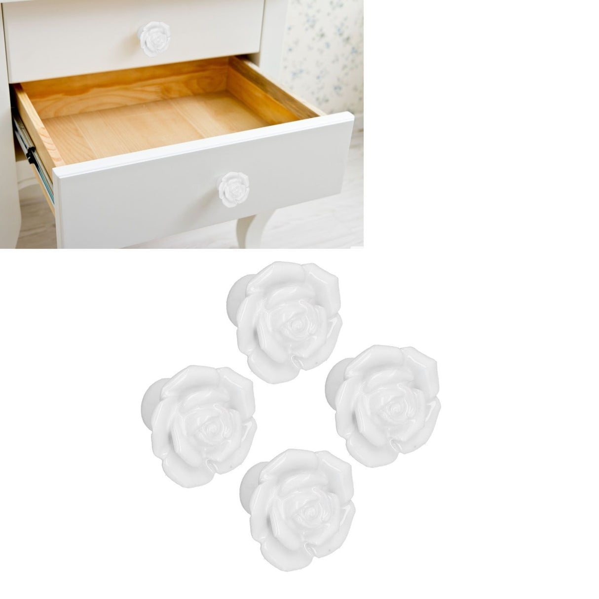 4 Set Rose Shaped Handle Modern Ceramic Cabinet Knob for Home Living Room BedroomWhite