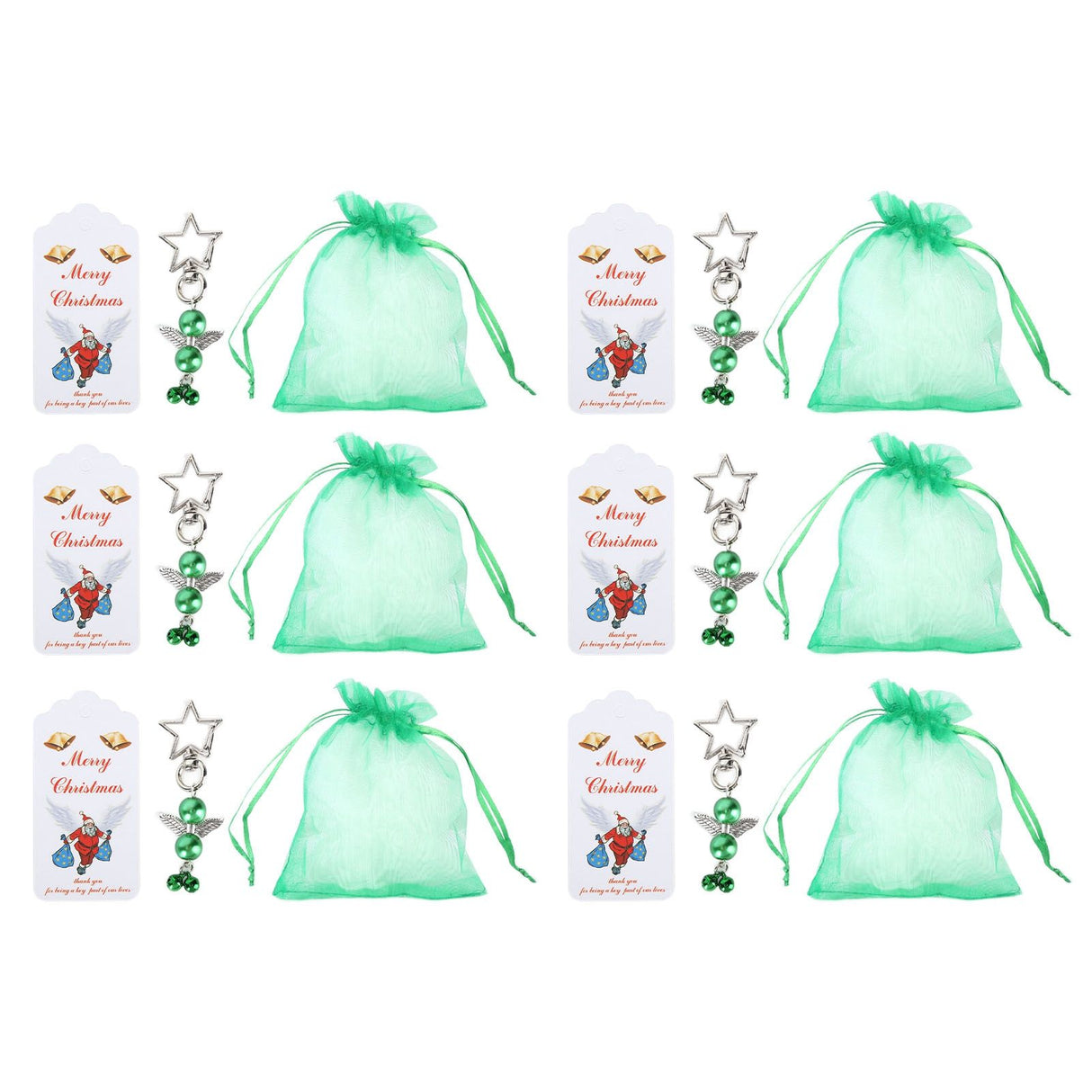 20PCS Keychain Bells Angel Stars Creative Christmas Decoration Gift Santa Claus Pendant Candy Bag Set Green
