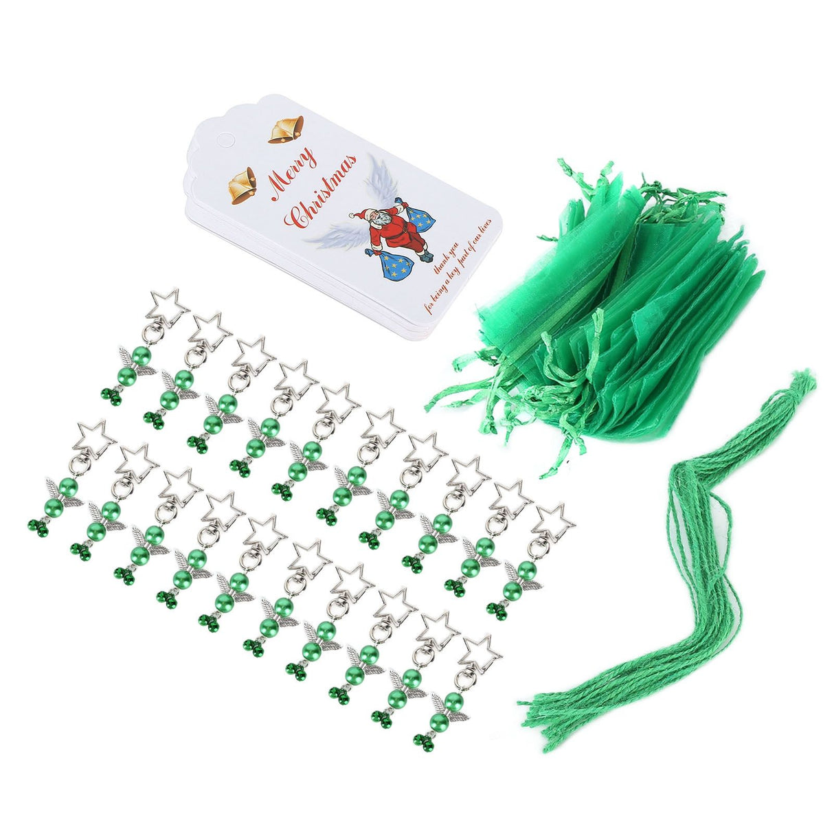 20PCS Keychain Bells Angel Stars Creative Christmas Decoration Gift Santa Claus Pendant Candy Bag Set Green