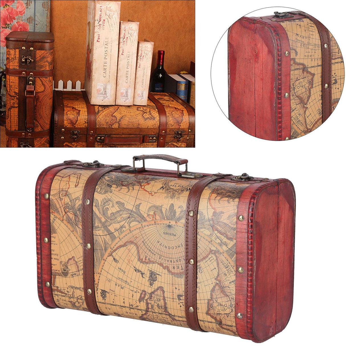 Vintage Suitcase Portable Composite Wood Map Pattern Design Vintage Storage Chest