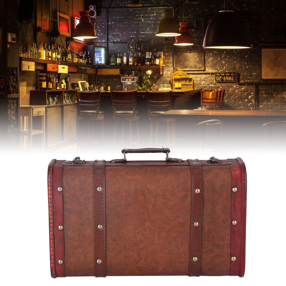 Antique Suitcase Portable Wooden Storage Chest Collection Ornaments Photography Props