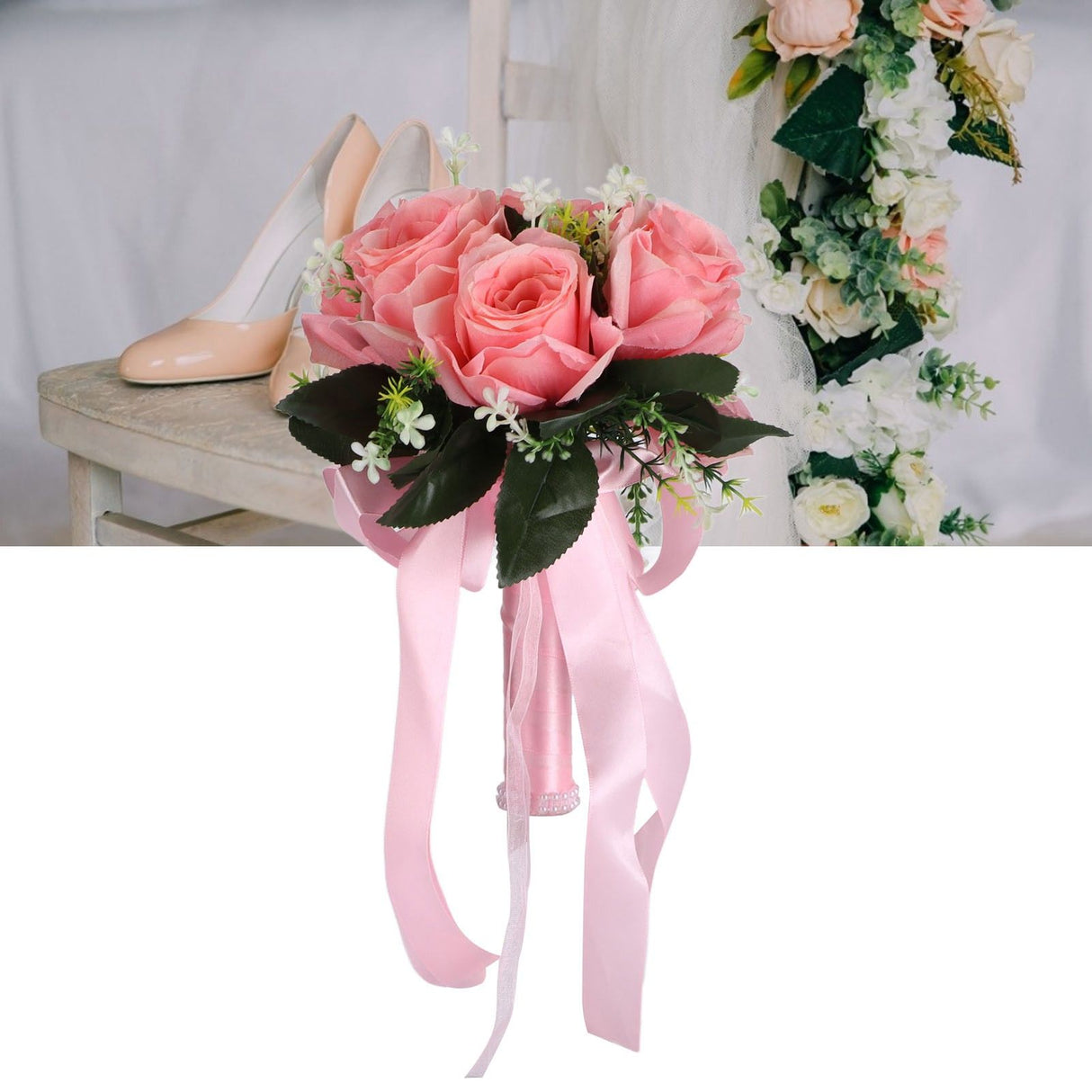 Artificial Wedding Bouquet Silk Flower Simulation Rose Bouquet for Bride Holding FlowersPink