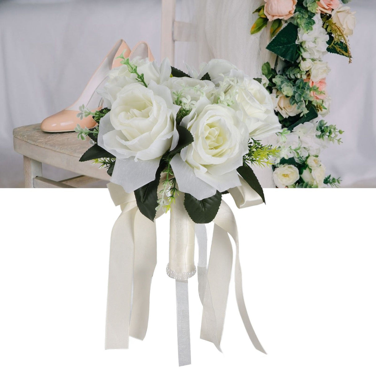 Artificial Wedding Bouquet Silk Flower Simulation Rose Bouquet for Bride Holding FlowersMilky White