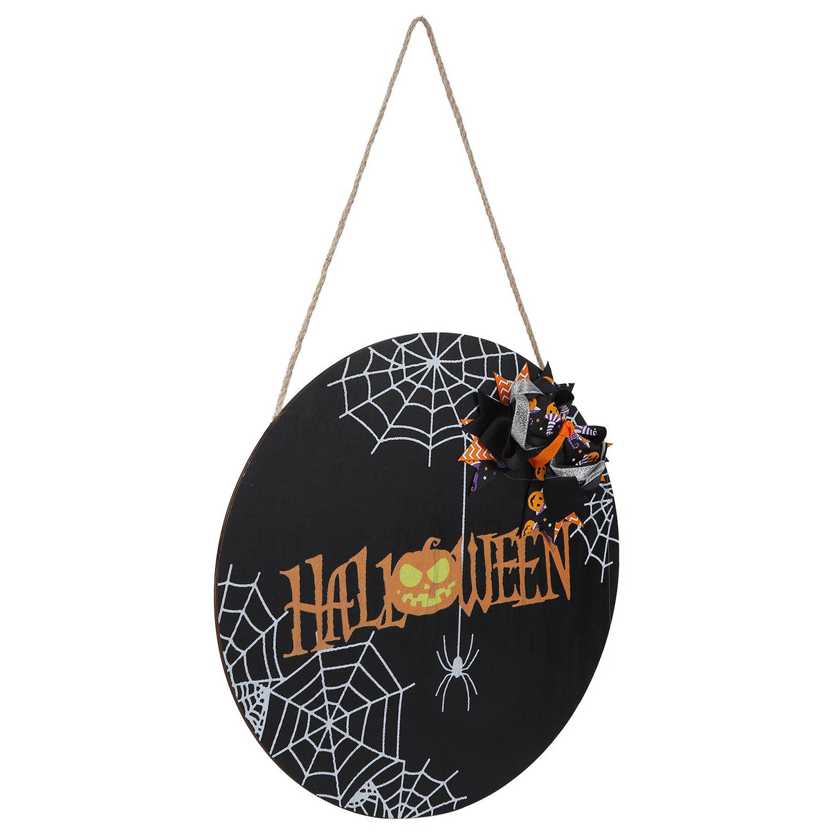 Spider Web Pattern Welcome Sign Wooden Hanging Door Hanger for Halloween Family Gathering BlackBowknot Included
