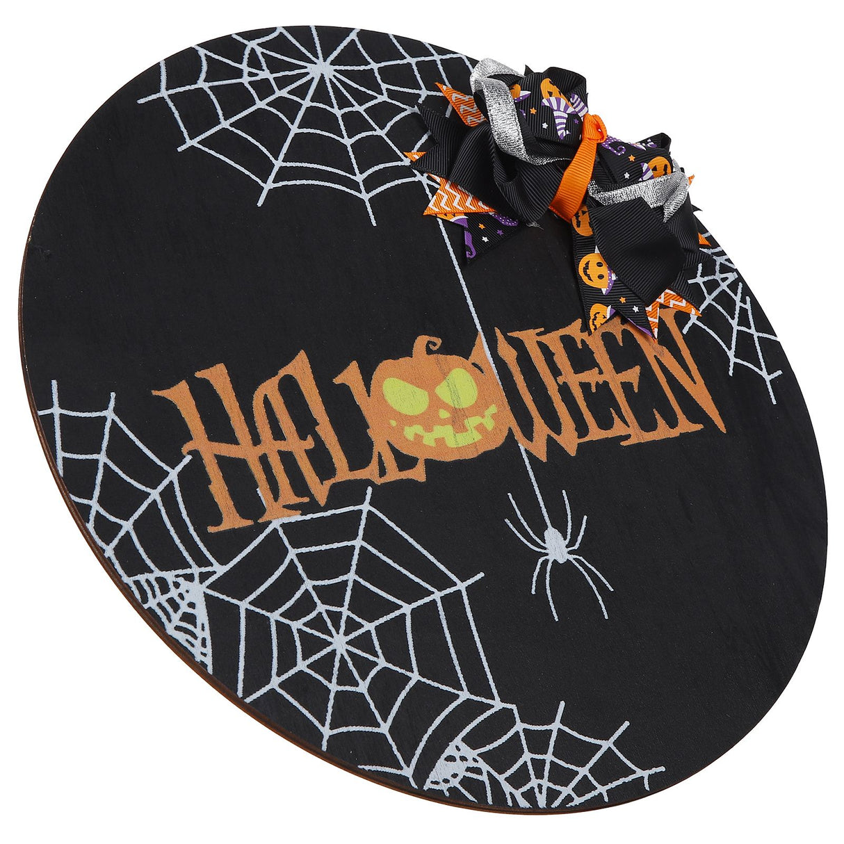 Spider Web Pattern Welcome Sign Wooden Hanging Door Hanger for Halloween Family Gathering BlackBowknot Included