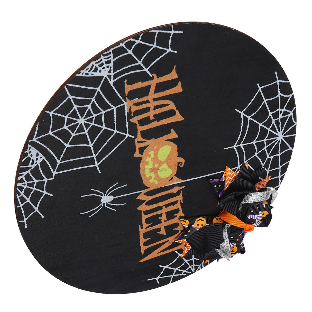 Spider Web Pattern Welcome Sign Wooden Hanging Door Hanger for Halloween Family Gathering BlackBowknot Included