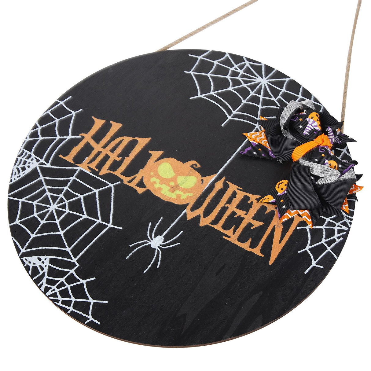 Spider Web Pattern Welcome Sign Wooden Hanging Door Hanger for Halloween Family Gathering BlackBowknot Included