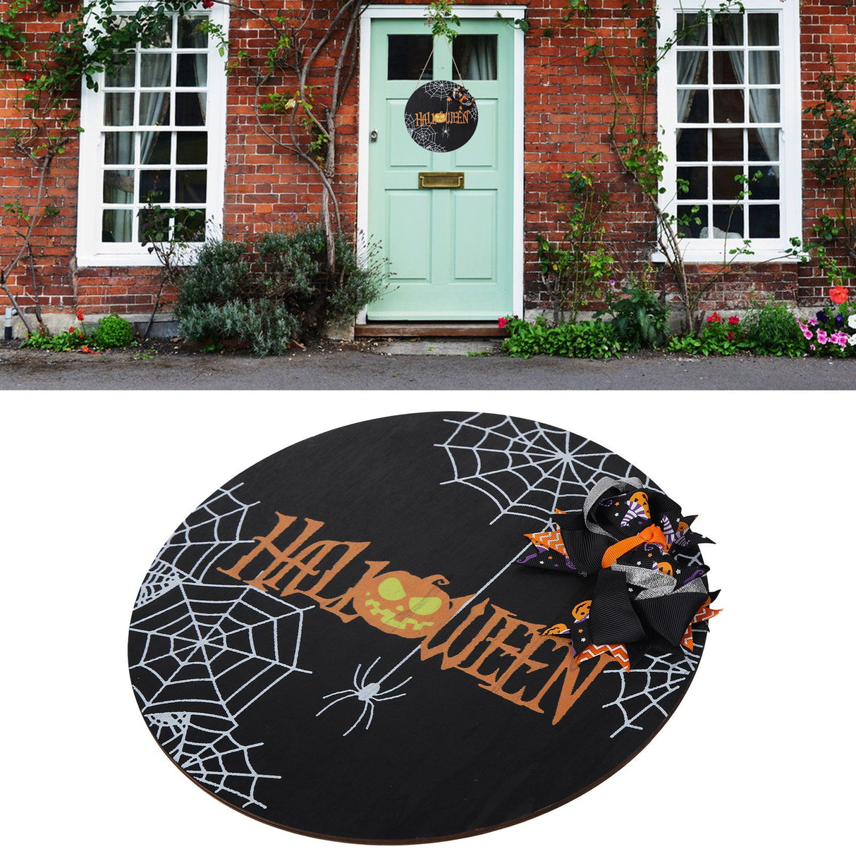 Spider Web Pattern Welcome Sign Wooden Hanging Door Hanger for Halloween Family Gathering BlackBowknot Included