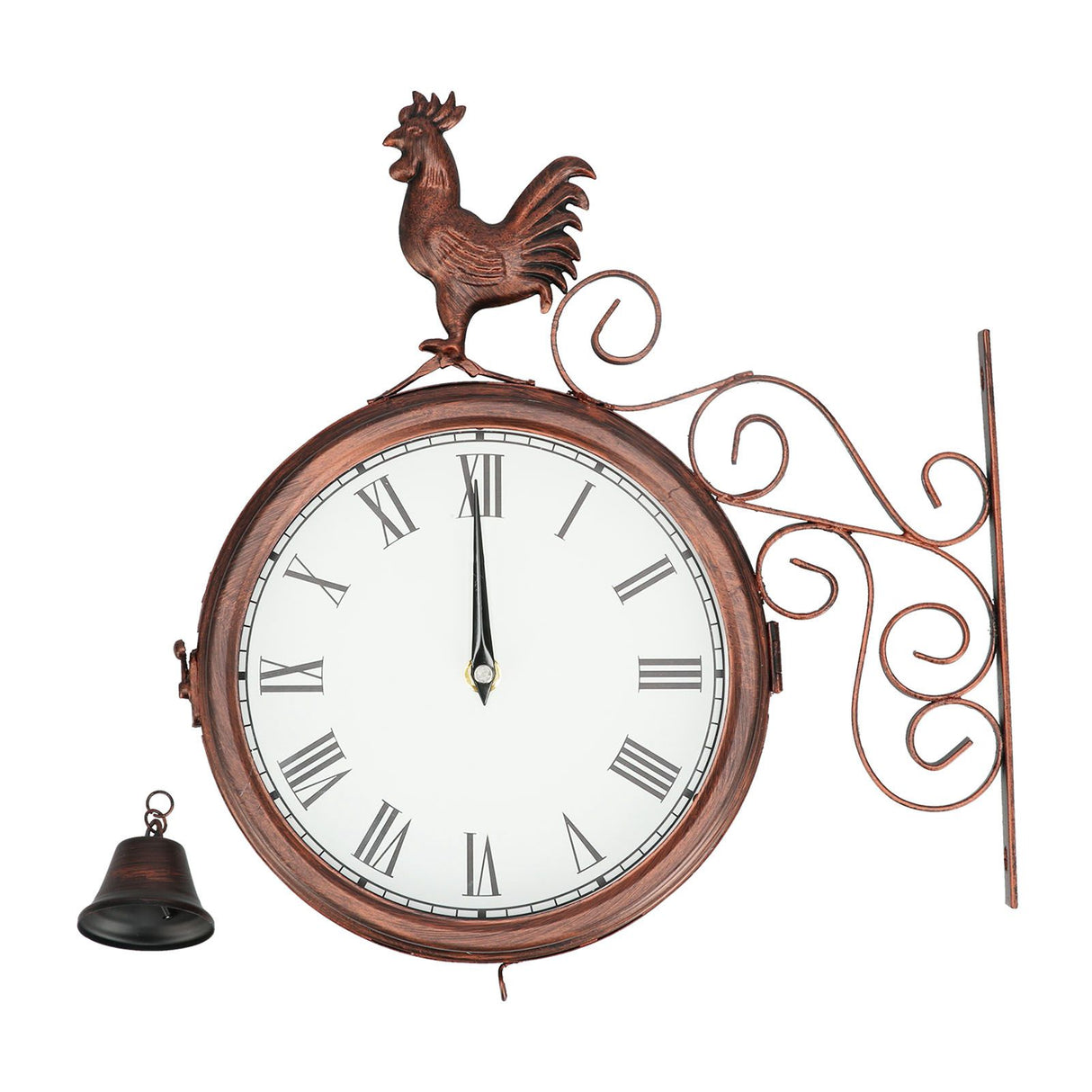 Iron Wrought Wall Clock Rooster Double Sided Antique Brass Wall Clock Round Roman Numeral Wall Clock for Home Garden