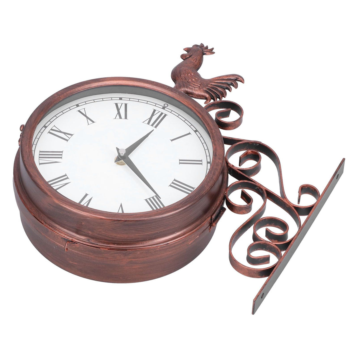 Iron Wrought Wall Clock Rooster Double Sided Antique Brass Wall Clock Round Roman Numeral Wall Clock for Home Garden