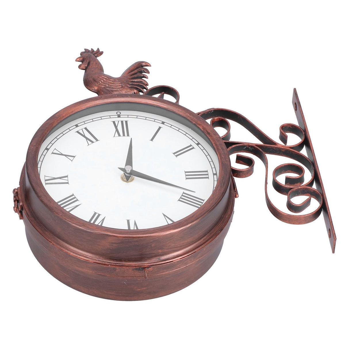 Iron Wrought Wall Clock Rooster Double Sided Antique Brass Wall Clock Round Roman Numeral Wall Clock for Home Garden