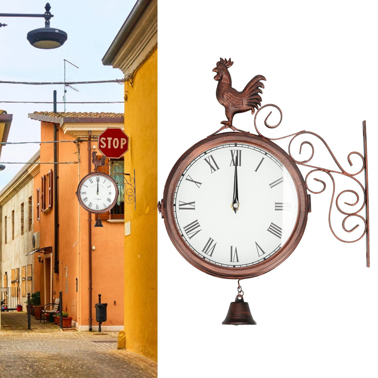 Iron Wrought Wall Clock Rooster Double Sided Antique Brass Wall Clock Round Roman Numeral Wall Clock for Home Garden