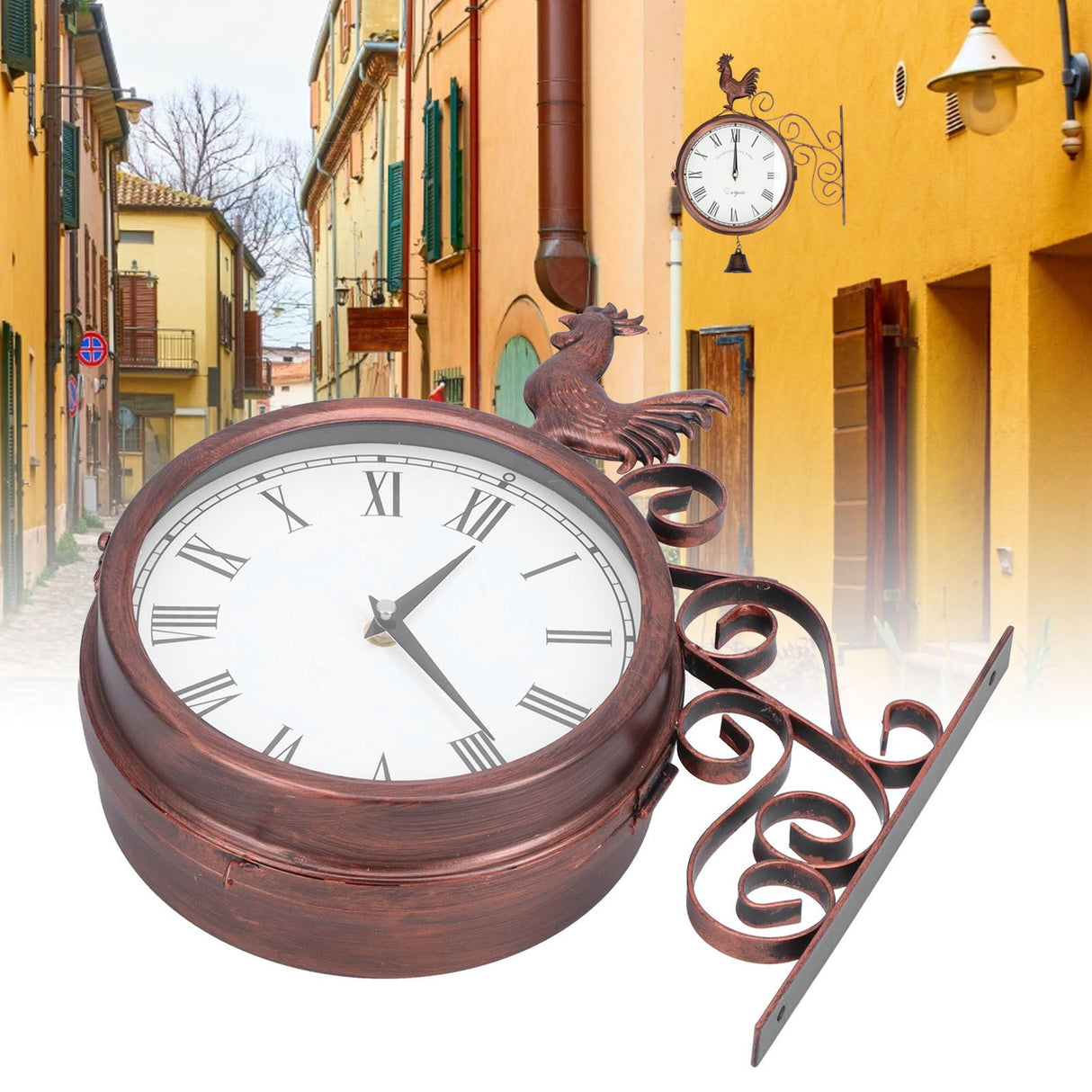 Iron Wrought Wall Clock Rooster Double Sided Antique Brass Wall Clock Round Roman Numeral Wall Clock for Home Garden