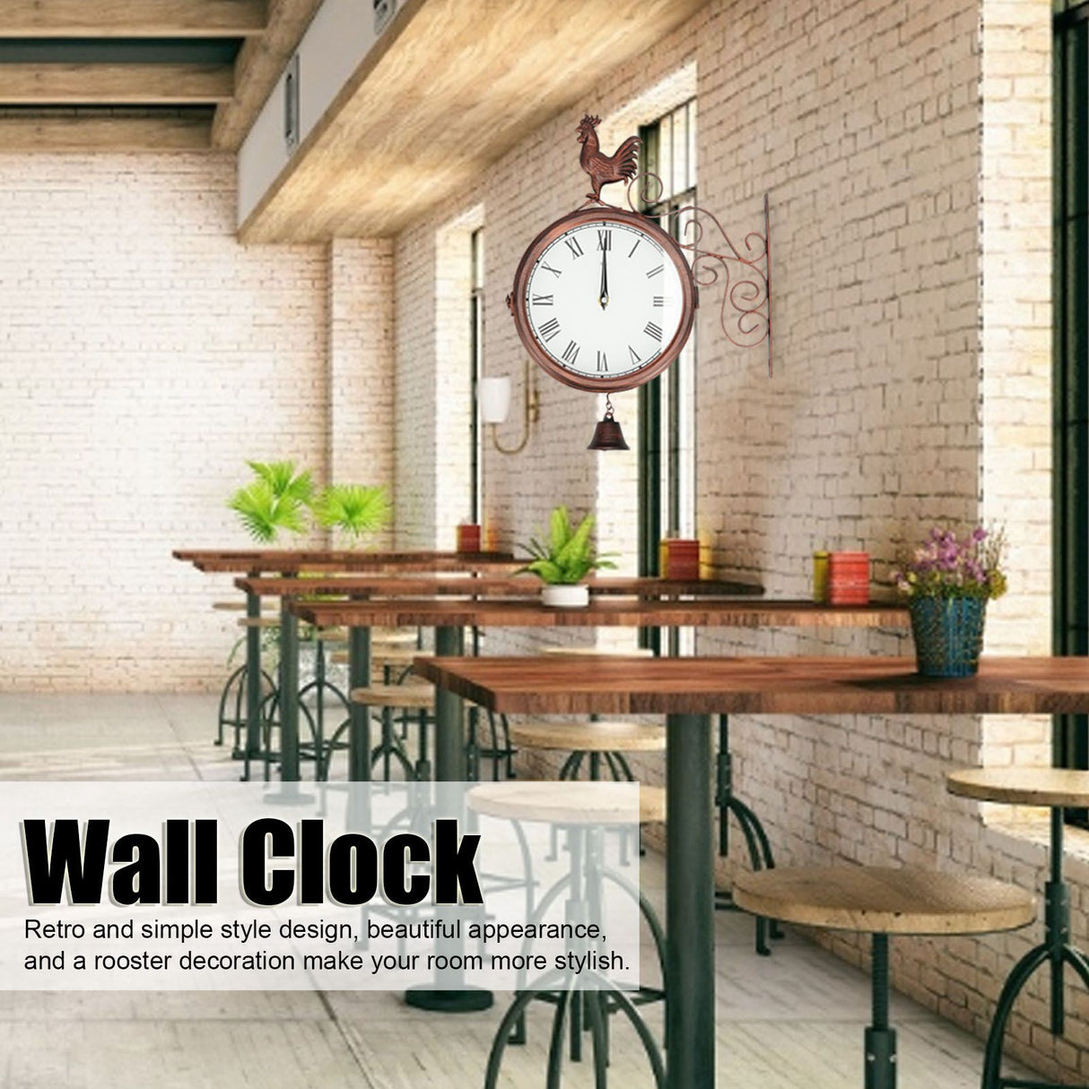 Iron Wrought Wall Clock Rooster Double Sided Antique Brass Wall Clock Round Roman Numeral Wall Clock for Home Garden