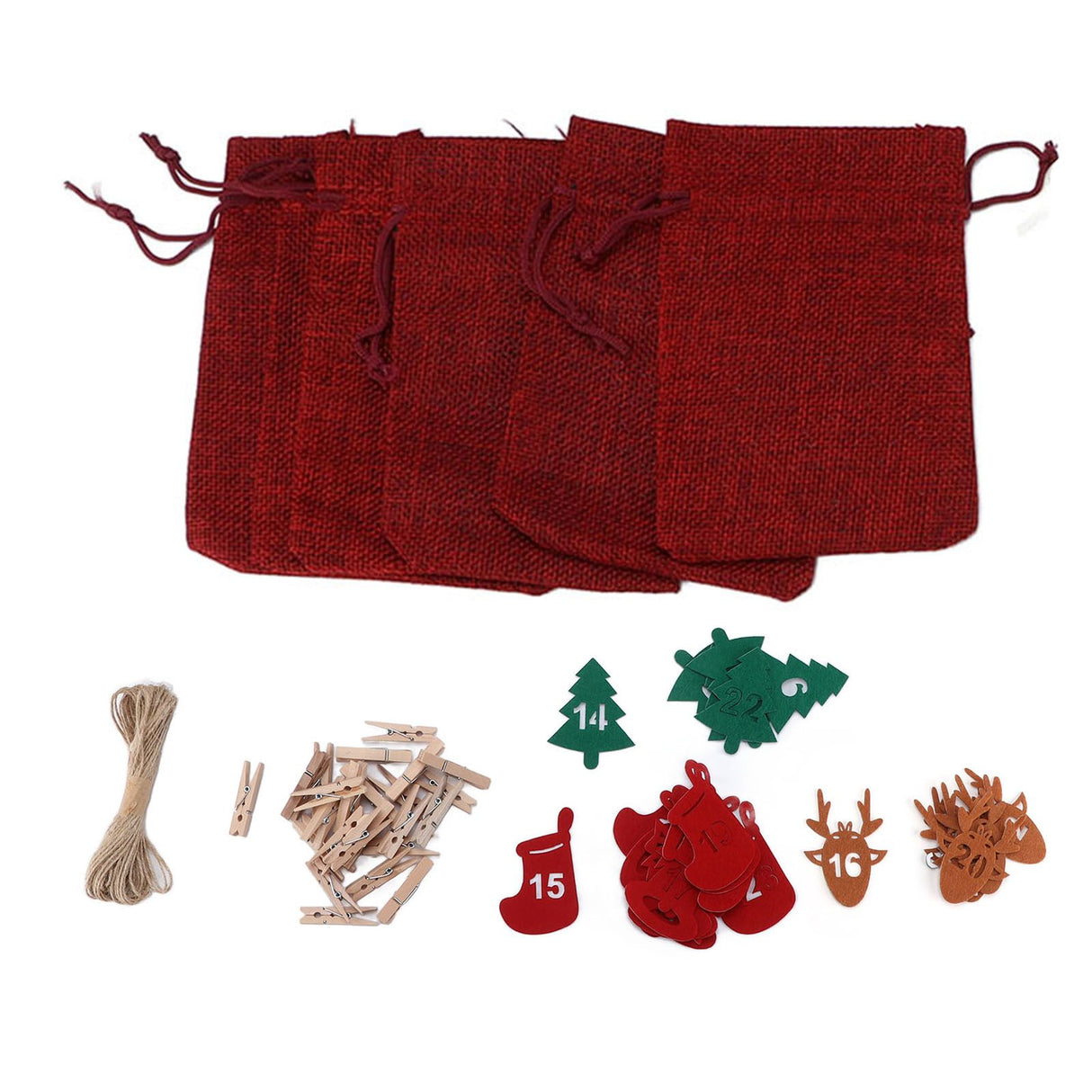 24Pcs Christmas Advent Calendar Drawstring Bags Reusable Hanging Countdown Pouch for Candy Jewelry GiftWine Red