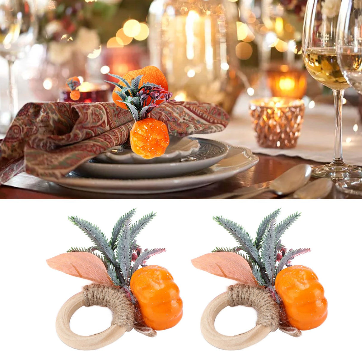 2Pcs Innovative Napkin Holder Simulation Napkin Ring for Halloween Thanksgiving Home DecorationPumpkin with Leaves