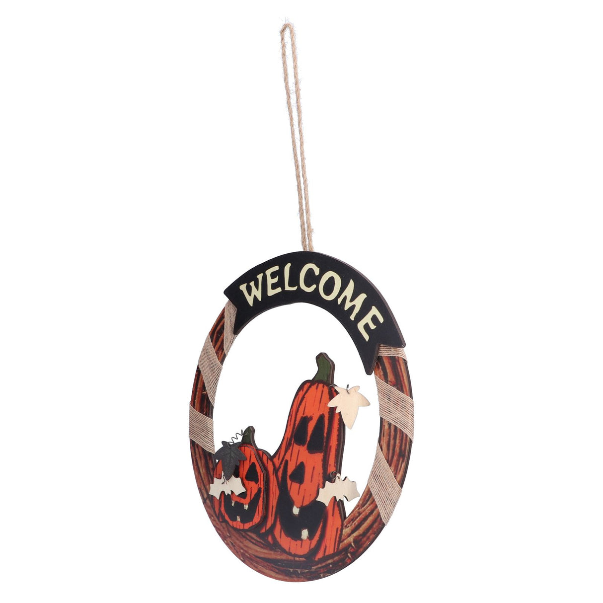 Halloween Welcome Sign Wooden Pumpkin Pattern Door Hanging Sign Decoration for Halloween Party Festival