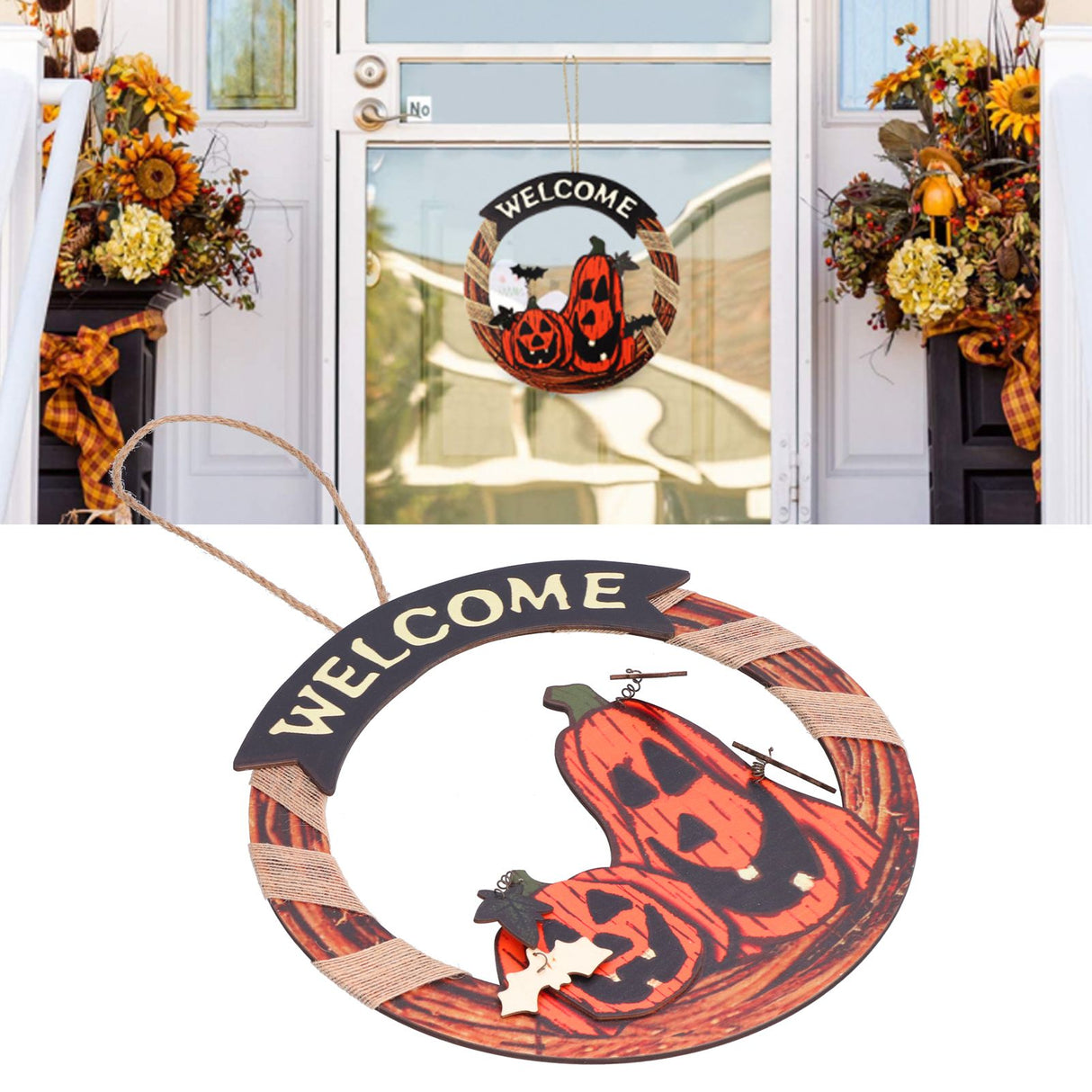 Halloween Welcome Sign Wooden Pumpkin Pattern Door Hanging Sign Decoration for Halloween Party Festival