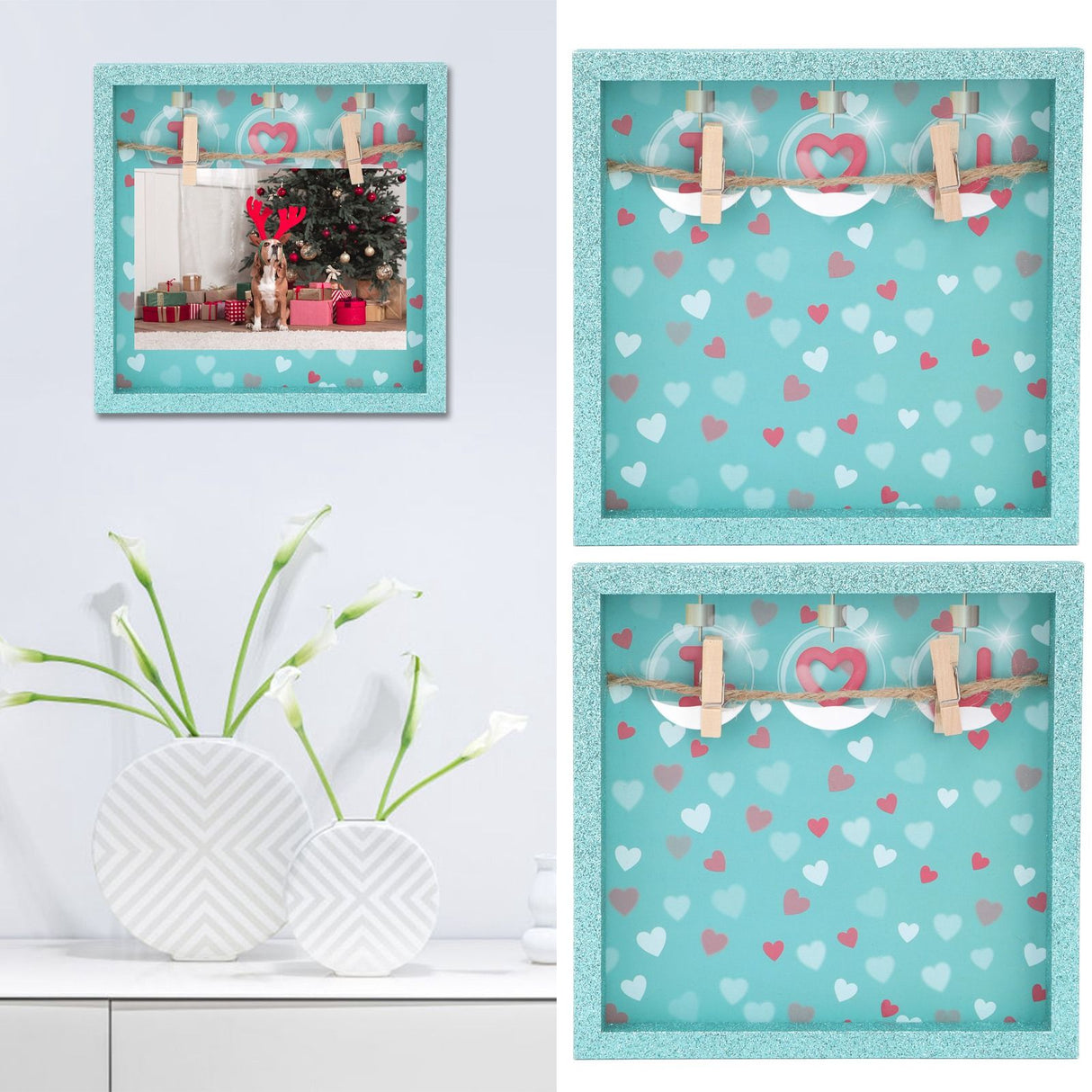 2 Pcs Picture Frames Innovative Wall Mount Photo Display Frames with Wood Clips for Home DecorationGreen Powder Photo Frame