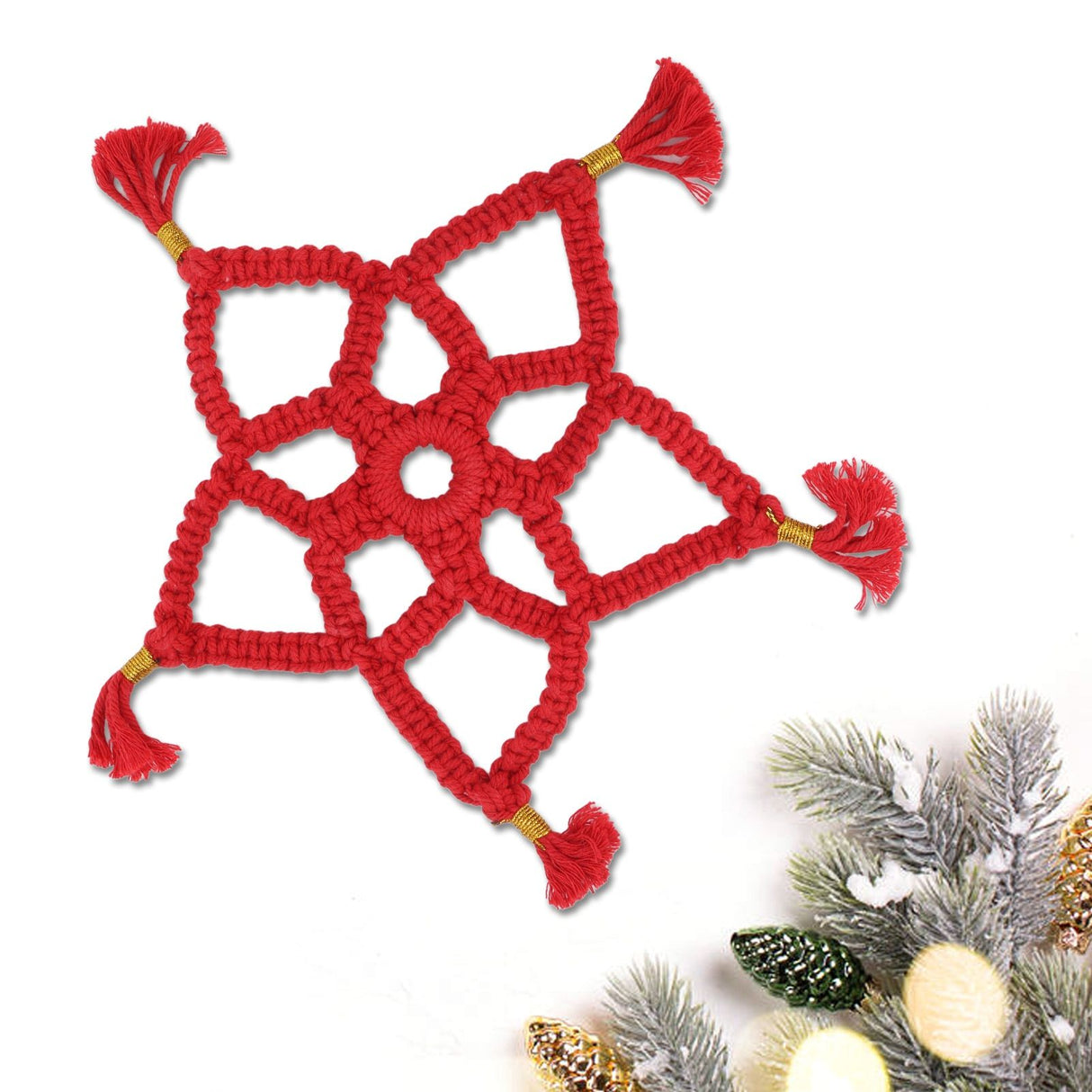 Hand Cotton Woven Hollow Star Ornament Red Five Pointed Star Ornaments Holiday Decoration