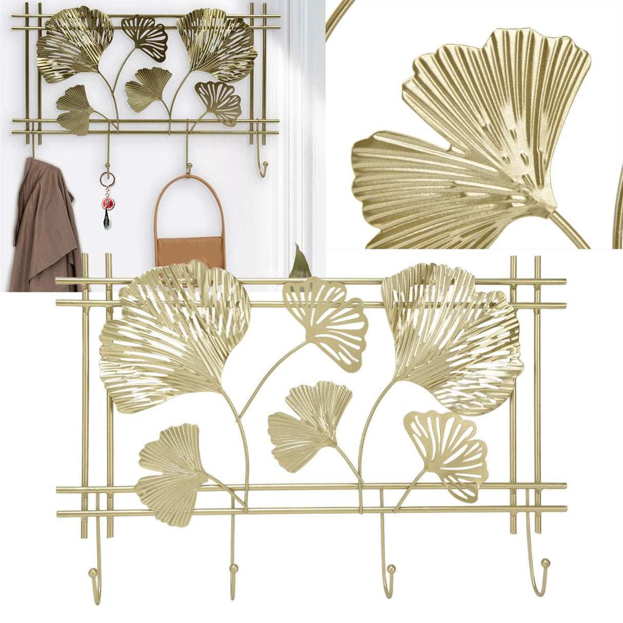 Wall Coat Rack Gingko Leef Design Premium Metal Sturdy Durable Elegant Style Fashionable Wall Mounted Coat Rack