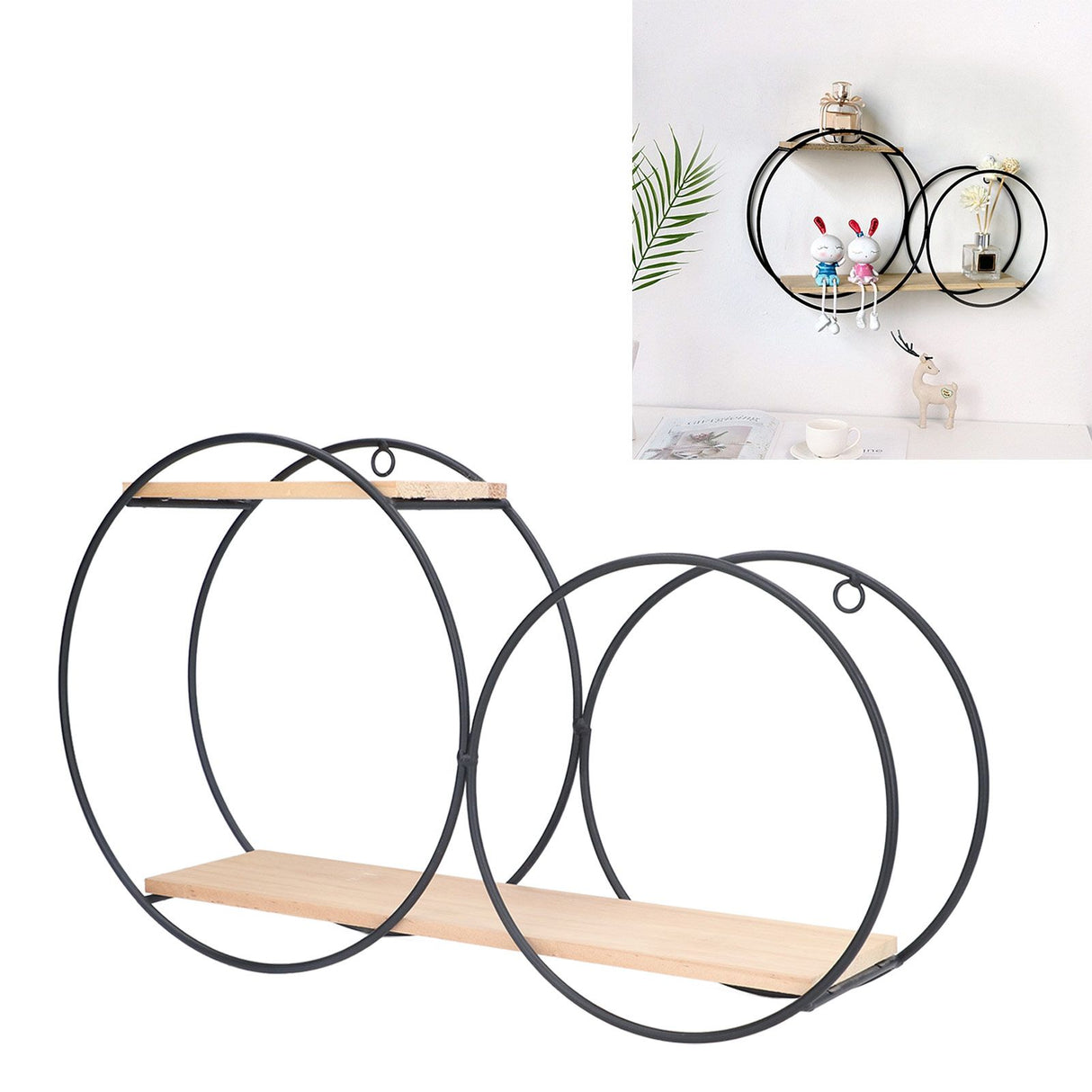 Round Shelf Firmly Welded Dual Use Strong Load Bearing Capacity Circle Metal Wood Wall Shelves for Bedroom Tea House