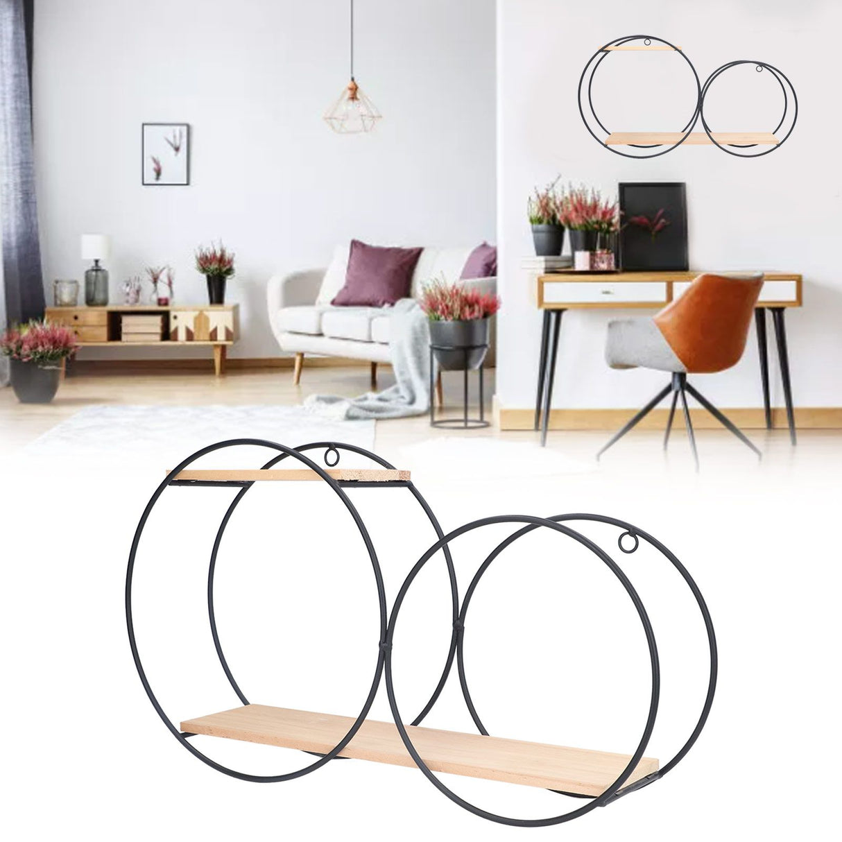 Round Shelf Firmly Welded Dual Use Strong Load Bearing Capacity Circle Metal Wood Wall Shelves for Bedroom Tea House